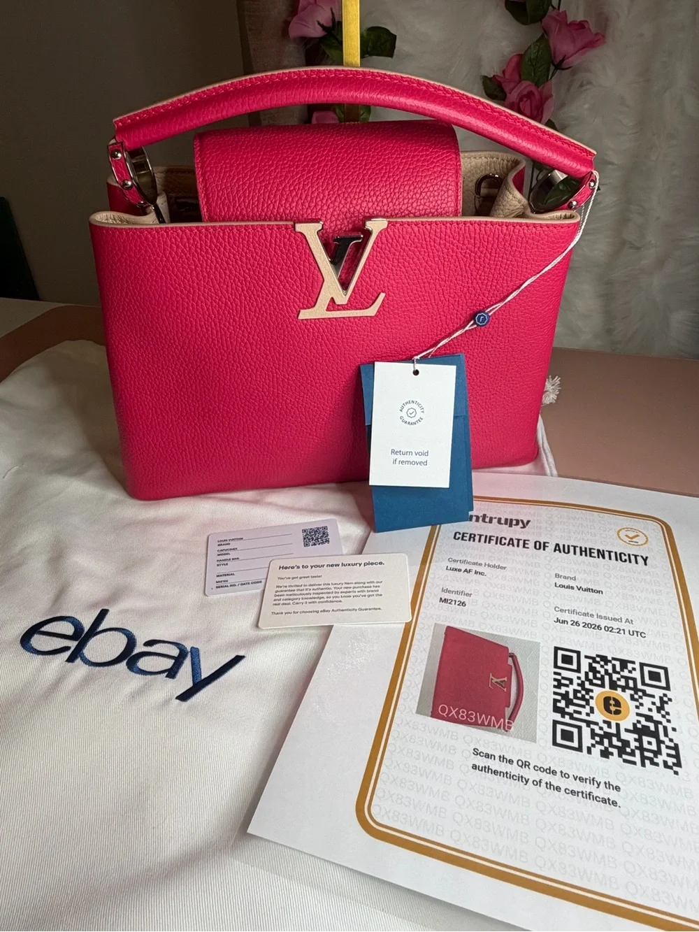 Louis Vuitton Capucines PM Pink Taurillon Leather Top Handle Bag Entrupy COA